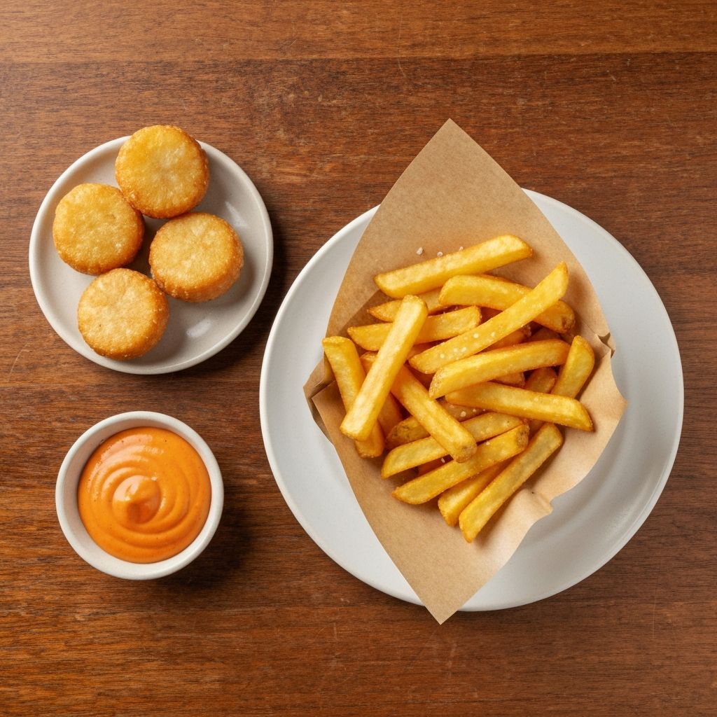 Golden hot chips in a paper cone with potato scallops and dim sims — Fish Inn