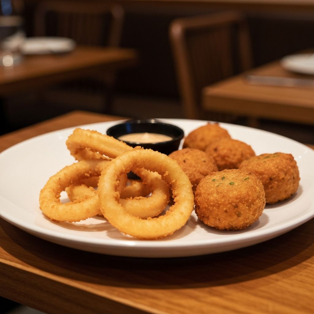 Golden crispy calamari rings and fish cakes with dipping sauce — Fish Inn